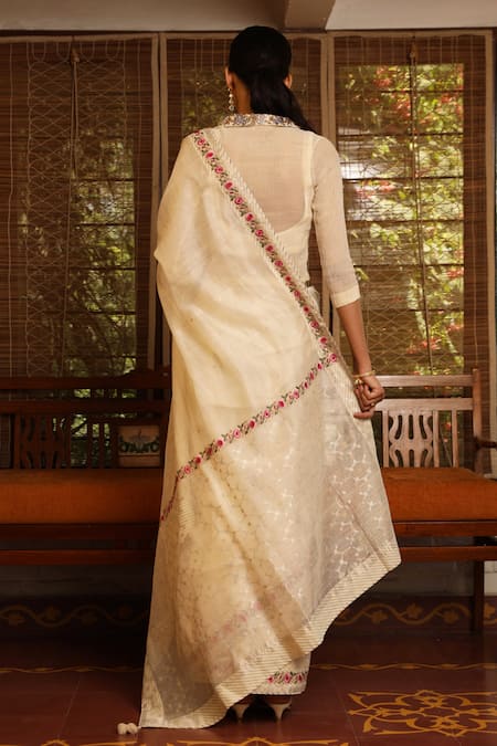 Shop Prama By Pratima Pandey White Seersucker, Silk Chanderi Shirt Saree Set at Aza Fashions Shop_Prama By Pratima Pandey_White Seersucker, Silk Chanderi Shirt Saree Set _at_Aza_Fashions