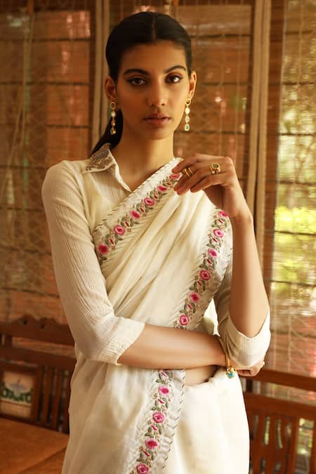 Prama By Pratima Pandey White Seersucker, Silk Chanderi Shirt Saree Set Online at Aza Fashions Prama By Pratima Pandey_White Seersucker, Silk Chanderi Shirt Saree Set _Online_at_Aza_Fashions