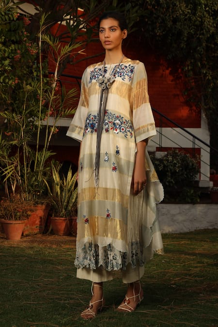 Prama By Pratima Pandey Beige Kora Cotton, Silk Maheshwari Round Kurta Set