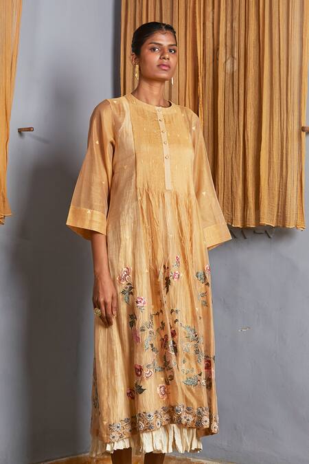 Prama By Pratima Pandey_Beige Silk Chanderi Round Tunic  _Online_at_Aza_Fashions