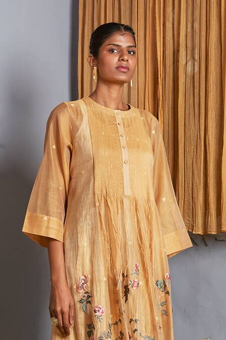 Buy_Prama By Pratima Pandey_Beige Silk Chanderi Round Tunic  _Online_at_Aza_Fashions