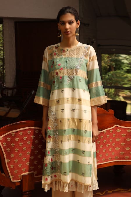 Buy_Prama By Pratima Pandey_Beige Cotton, Silk Maheshwari Round Kurta Set _Online_at_Aza_Fashions