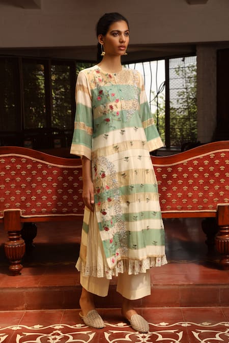 Prama By Pratima Pandey_Beige Cotton, Silk Maheshwari Round Kurta Set _Online_at_Aza_Fashions