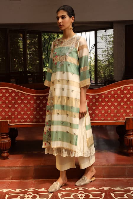 Prama By Pratima Pandey Beige Cotton, Silk Maheshwari Round Kurta Set