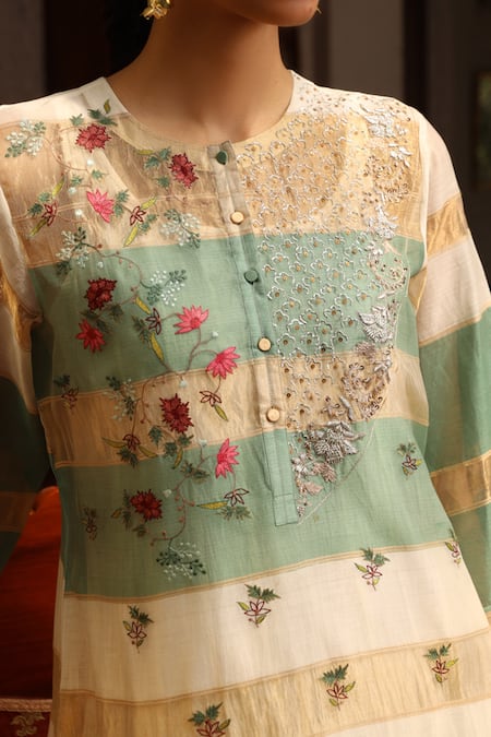 Prama By Pratima Pandey_Beige Cotton, Silk Maheshwari Round Kurta Set _at_Aza_Fashions