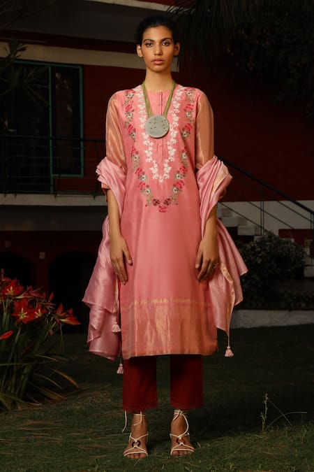 Prama By Pratima Pandey Pink Cotton, Silk Maheshwari Round Kurta Set
