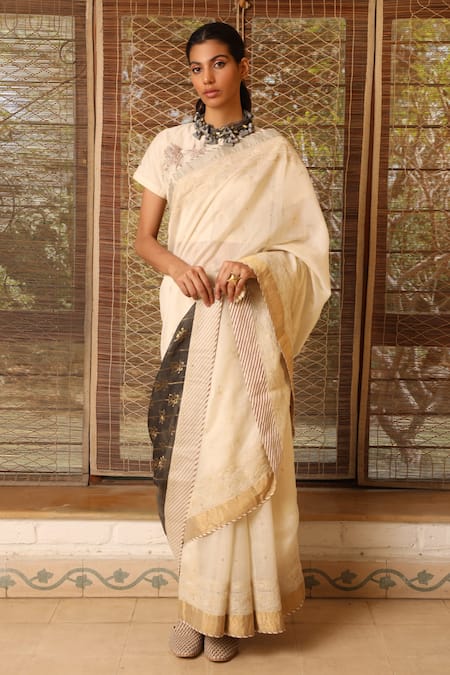 Saree mall Off White Solid Chanderi Sarees