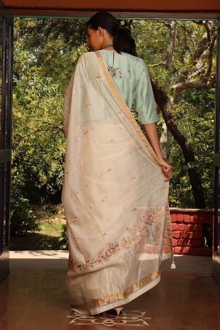 Shop Prama By Pratima Pandey Beige Silk Chanderi Round Saree With Blouse at Aza Fashions Shop_Prama By Pratima Pandey_Beige Silk Chanderi Round Saree With Blouse _at_Aza_Fashions