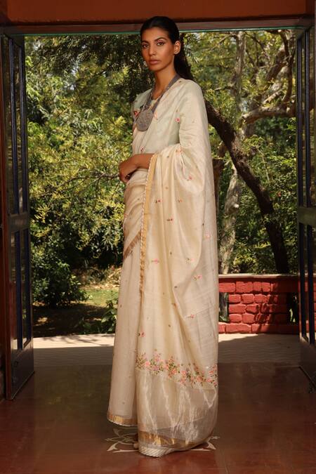 Prama By Pratima Pandey Beige Silk Chanderi Round Saree With Blouse Online at Aza Fashions Prama By Pratima Pandey_Beige Silk Chanderi Round Saree With Blouse _Online_at_Aza_Fashions