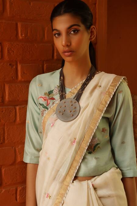 Buy Prama By Pratima Pandey Beige Silk Chanderi Round Saree With Blouse Online at Aza Fashions Buy_Prama By Pratima Pandey_Beige Silk Chanderi Round Saree With Blouse _Online_at_Aza_Fashions