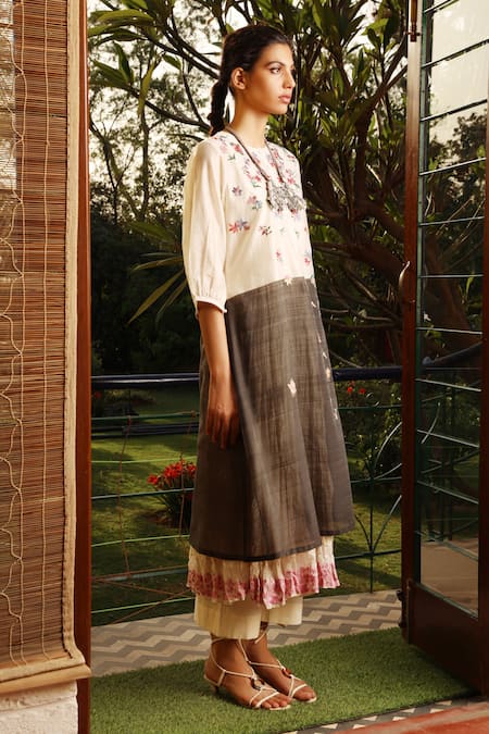 Shop Prama By Pratima Pandey Black Cotton, Silk Maheshwari Round Kurta Set at Aza Fashions Shop_Prama By Pratima Pandey_Black Cotton, Silk Maheshwari Round Kurta Set _at_Aza_Fashions