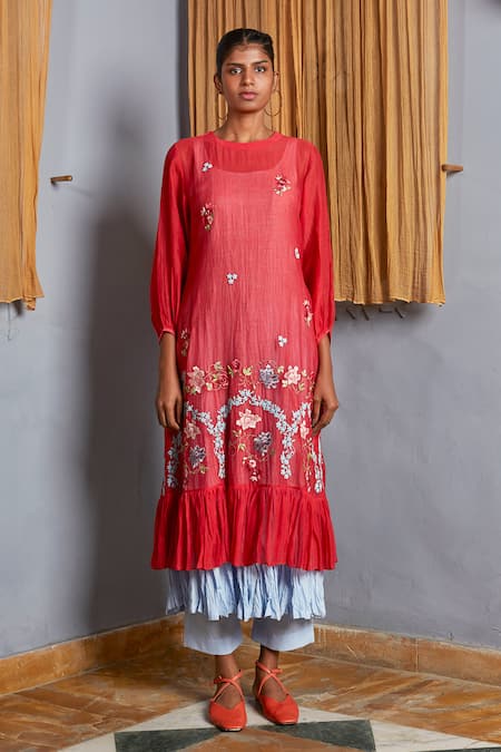Prama By Pratima Pandey Pink Silk Chanderi Round Embroidered Kurta And Palazzo Set