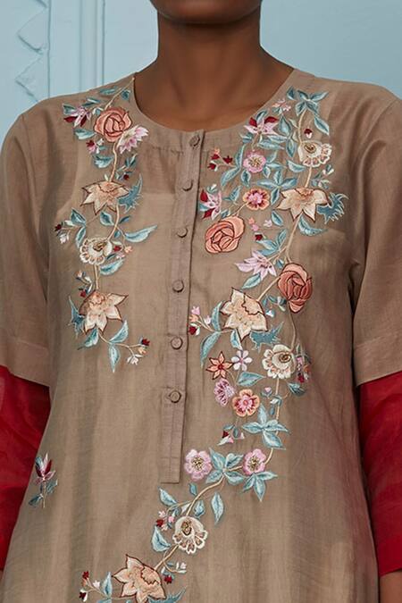 Buy_Prama By Pratima Pandey_Grey Silk Maheshwari Round Embroidered Tunic  _Online_at_Aza_Fashions