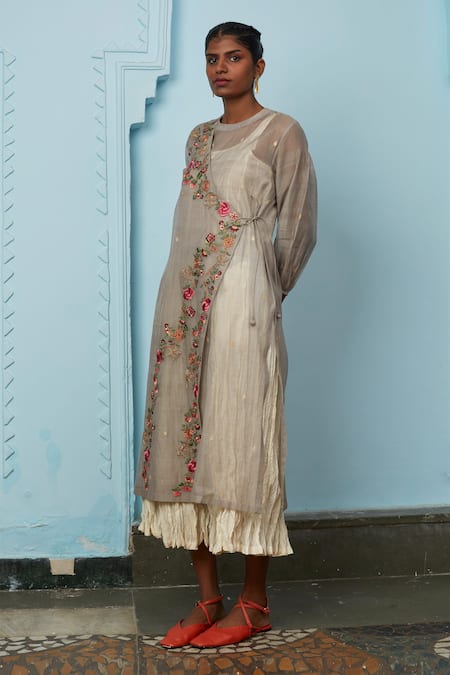 Prama By Pratima Pandey Beige Silk Chanderi Round Embroidered Tunic