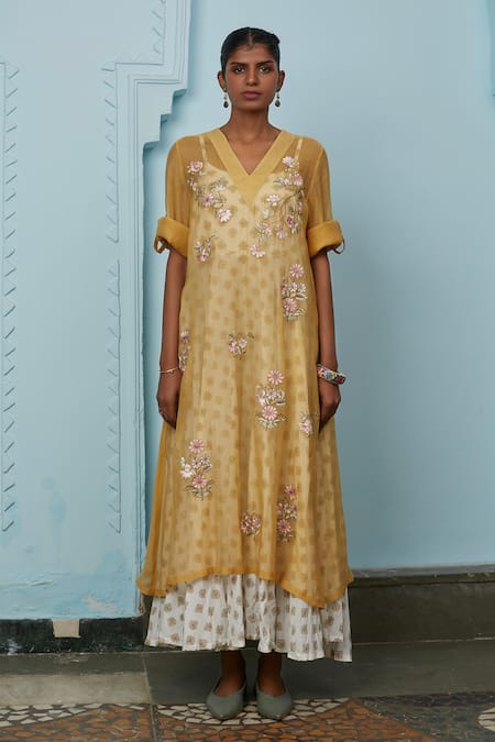 Prama By Pratima Pandey Beige Silk Chanderi V Neck Embroidered Tunic