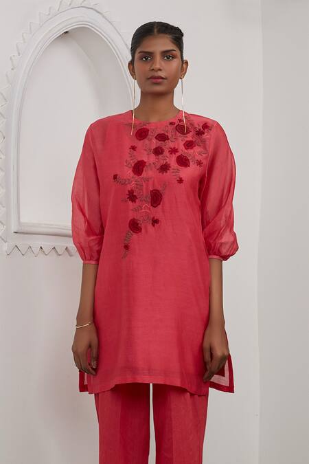 Prama By Pratima Pandey_Pink Silk Chanderi Round Embroidered Kurta And Pant Set  _Online_at_Aza_Fashions