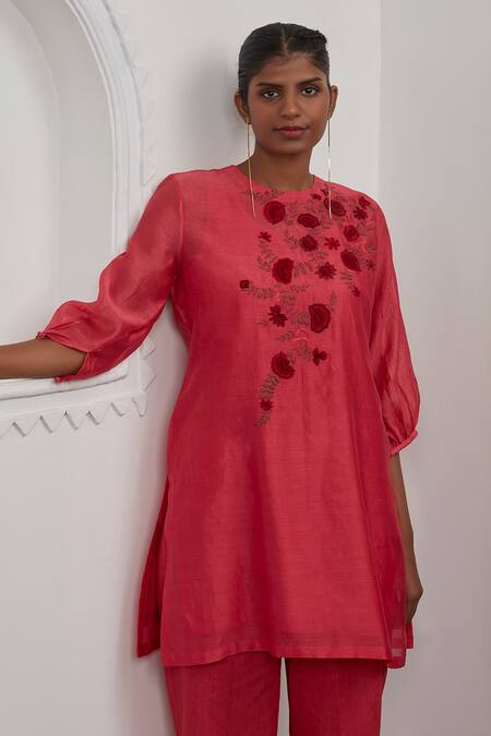 Buy_Prama By Pratima Pandey_Pink Silk Chanderi Round Embroidered Kurta And Pant Set  _Online_at_Aza_Fashions