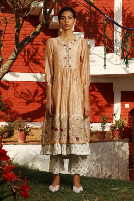 Prama By Pratima Pandey Beige Silk Chanderi Round Flared Kurta Set