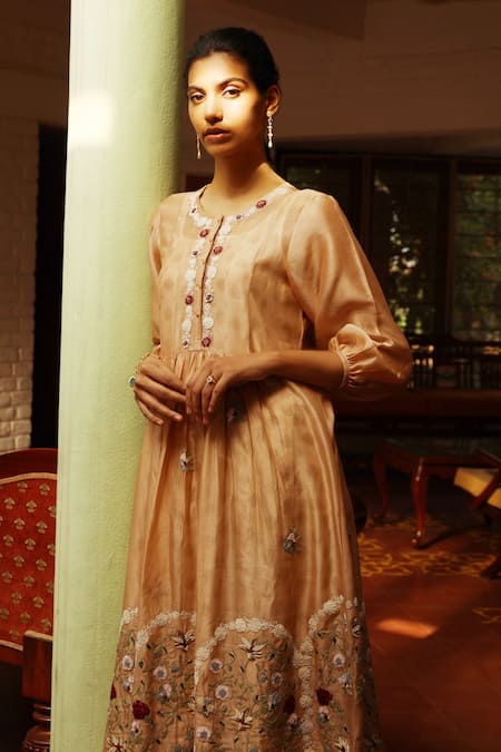 Shop Prama By Pratima Pandey Beige Silk Chanderi Round Flared Kurta Set Online at Aza Fashions Shop_Prama By Pratima Pandey_Beige Silk Chanderi Round Flared Kurta Set _Online_at_Aza_Fashions