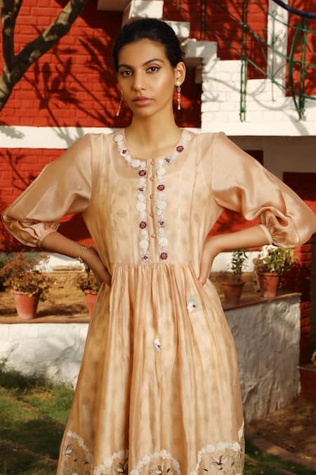 Prama By Pratima Pandey Beige Silk Chanderi Round Flared Kurta Set at Aza Fashions Prama By Pratima Pandey_Beige Silk Chanderi Round Flared Kurta Set _at_Aza_Fashions