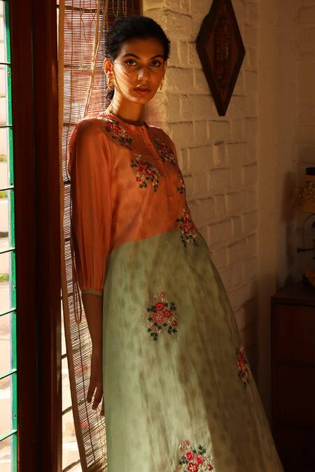 Prama By Pratima Pandey_Green Cotton, Silk Maheshwari Round Flared Kurta Set _Online_at_Aza_Fashions