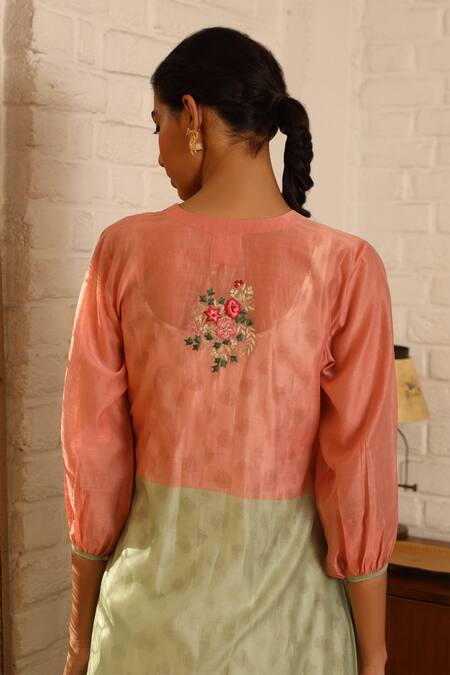 Shop_Prama By Pratima Pandey_Green Cotton, Silk Maheshwari Round Flared Kurta Set _Online_at_Aza_Fashions