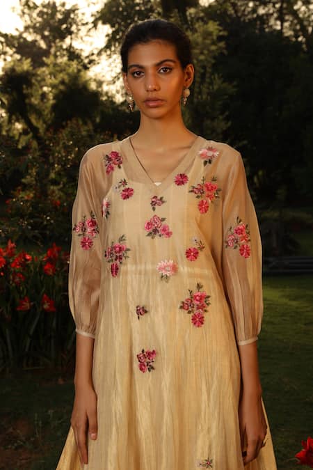 Shop_Prama By Pratima Pandey_Beige Cotton, Silk Maheshwari V Neck Flared Kurta Set _Online_at_Aza_Fashions