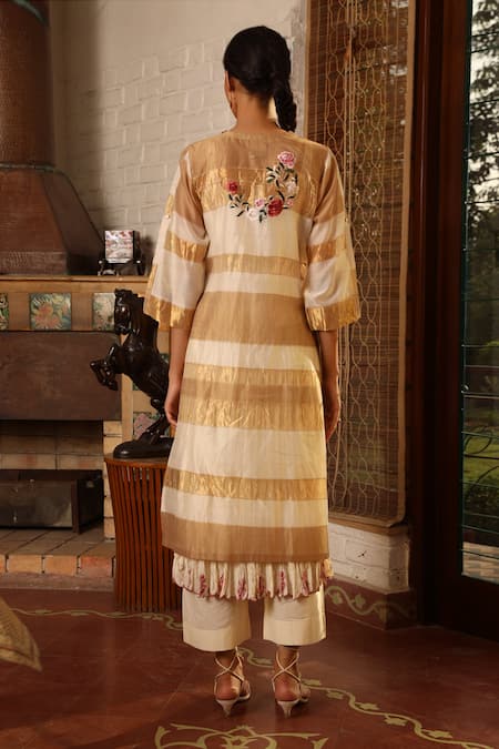 Shop Prama By Pratima Pandey Beige Kora Cotton, Silk Maheshwari Round Kurta Set at Aza Fashions Shop_Prama By Pratima Pandey_Beige Kora Cotton, Silk Maheshwari Round Kurta Set _at_Aza_Fashions