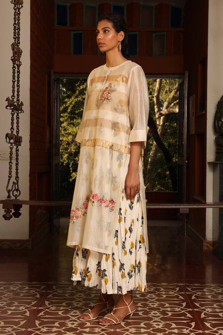 Prama By Pratima Pandey_Beige Kora Cotton, Silk Maheshwari Round Kurta And Dress Set _Online_at_Aza_Fashions