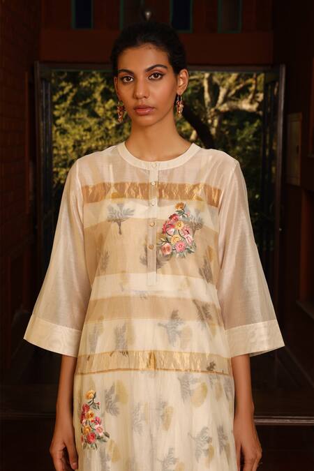 Buy_Prama By Pratima Pandey_Beige Kora Cotton, Silk Maheshwari Round Kurta And Dress Set _Online_at_Aza_Fashions