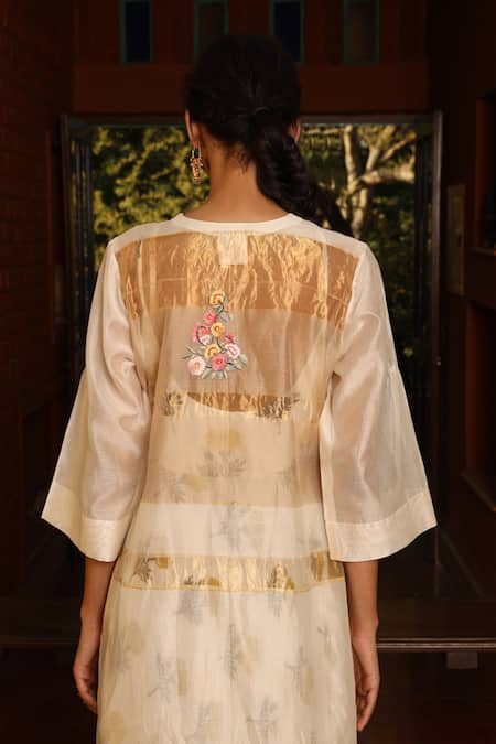 Shop_Prama By Pratima Pandey_Beige Kora Cotton, Silk Maheshwari Round Kurta And Dress Set _Online_at_Aza_Fashions