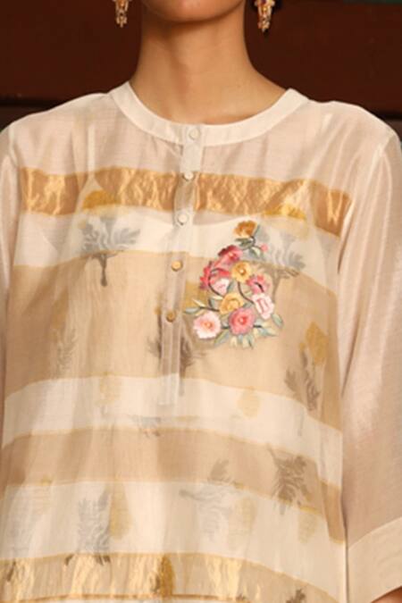 Prama By Pratima Pandey_Beige Kora Cotton, Silk Maheshwari Round Kurta And Dress Set _at_Aza_Fashions