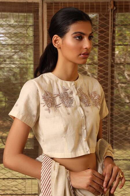 Prama By Pratima Pandey_Beige Silk Chanderi Round Blouse_Online_at_Aza_Fashions