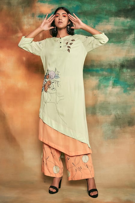 Shilpi Gupta Green Organic Rayon Embroidery Round Layered Kurta And Palazzo Set 
