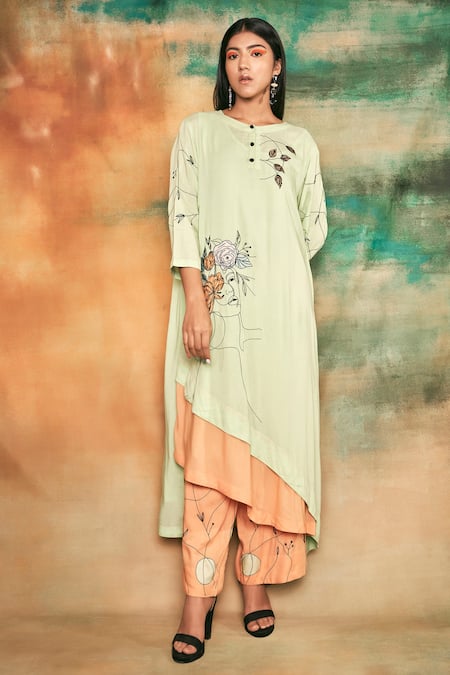 Shop Shilpi Gupta Green Organic Rayon Embroidery Round Layered Kurta And Palazzo Set at Aza Fashions Shop_Shilpi Gupta_Green Organic Rayon Embroidery Round Layered Kurta And Palazzo Set _at_Aza_Fashions