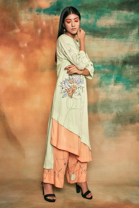 Shilpi Gupta Green Organic Rayon Embroidery Round Layered Kurta And Palazzo Set Online at Aza Fashions Shilpi Gupta_Green Organic Rayon Embroidery Round Layered Kurta And Palazzo Set _Online_at_Aza_Fashions