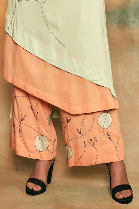 Shop Shilpi Gupta Green Organic Rayon Embroidery Round Layered Kurta And Palazzo Set Online at Aza Fashions Shop_Shilpi Gupta_Green Organic Rayon Embroidery Round Layered Kurta And Palazzo Set _Online_at_Aza_Fashions