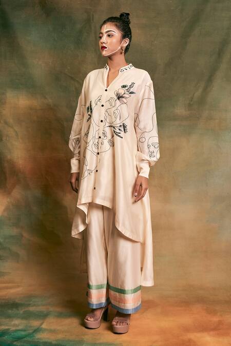 Shilpi Gupta White Silk Chanderi Embroidery Mandarin Collar Kurta And Palazzo Set Online at Aza Fashions Shilpi Gupta_White Silk Chanderi Embroidery Mandarin Collar Kurta And Palazzo Set _Online_at_Aza_Fashions