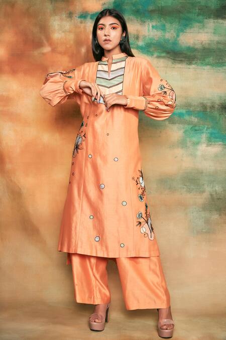 Shop Shilpi Gupta Orange Silk Chanderi Embroidery Mandarin Collar Kurta And Palazzo Set at Aza Fashions Shop_Shilpi Gupta_Orange Silk Chanderi Embroidery Mandarin Collar Kurta And Palazzo Set _at_Aza_Fashions