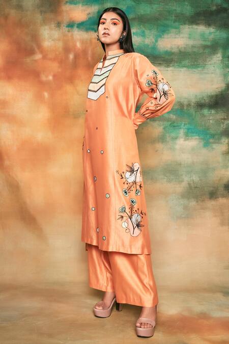 Shilpi Gupta Orange Silk Chanderi Embroidery Mandarin Collar Kurta And Palazzo Set Online at Aza Fashions Shilpi Gupta_Orange Silk Chanderi Embroidery Mandarin Collar Kurta And Palazzo Set _Online_at_Aza_Fashions
