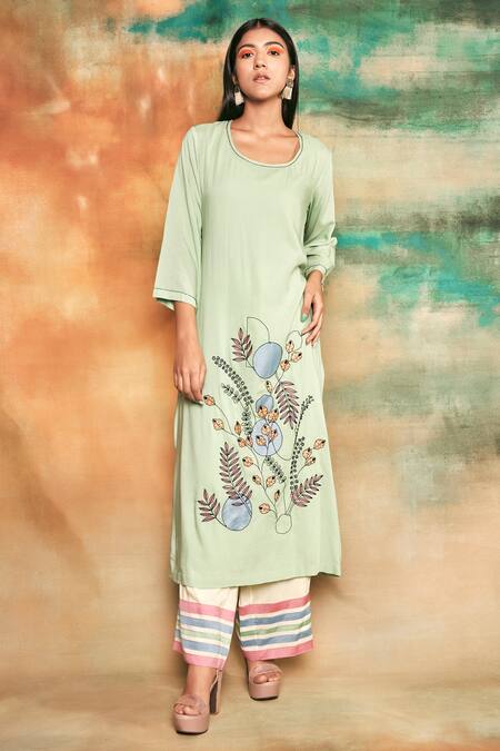 Shop Shilpi Gupta Yellow Organic Rayon Embroidery Round Kurta And Palazzo Set at Aza Fashions Shop_Shilpi Gupta_Yellow Organic Rayon Embroidery Round Kurta And Palazzo Set _at_Aza_Fashions