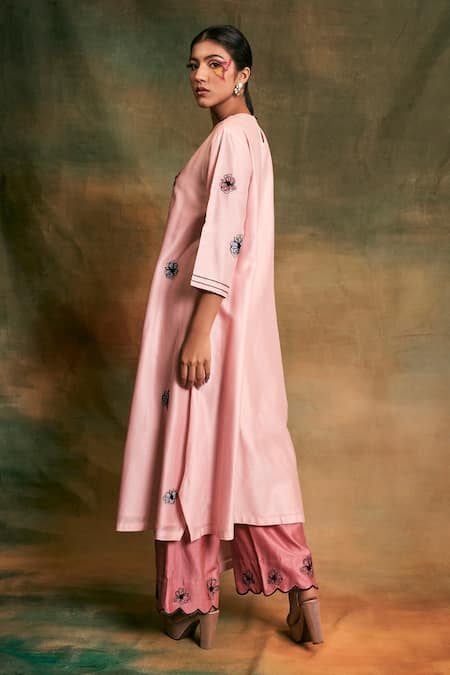 Shop Shilpi Gupta Pink Silk Chanderi Embroidery Round Kurta And Palazzo Set at Aza Fashions Shop_Shilpi Gupta_Pink Silk Chanderi Embroidery Round Kurta And Palazzo Set _at_Aza_Fashions