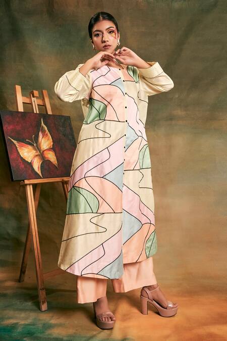 Shop Shilpi Gupta Multi Color Silk Chanderi Embroidery Round Kurta And Palazzo Set at Aza Fashions Shop_Shilpi Gupta_Multi Color Silk Chanderi Embroidery Round Kurta And Palazzo Set _at_Aza_Fashions