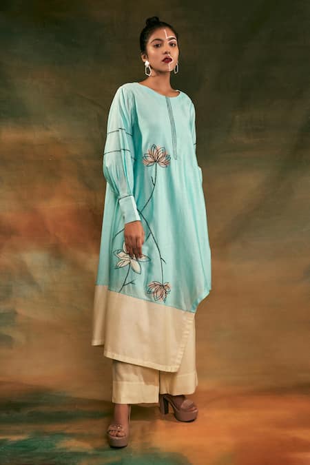 Shilpi Gupta Blue Silk Chanderi Embroidery Round Kurta And Palazzo Set 
