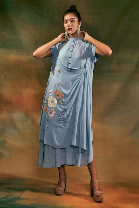 Shilpi Gupta Blue Organic Rayon Mandarin Collar Draped Dress 