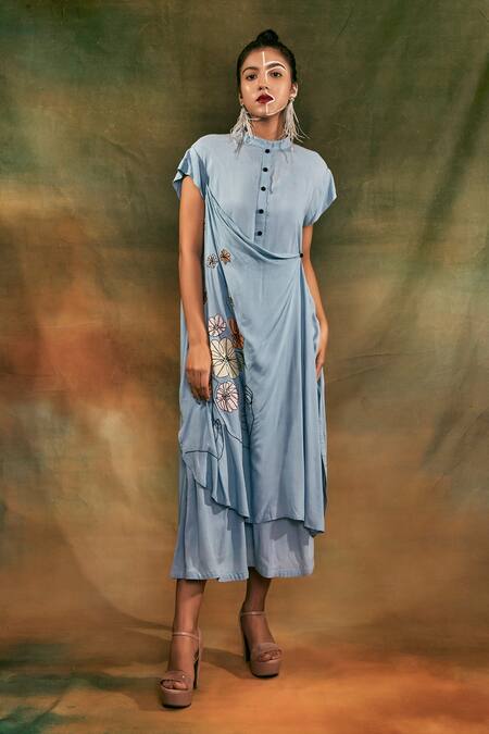 Shop Shilpi Gupta Blue Organic Rayon Mandarin Collar Draped Dress at Aza Fashions Shop_Shilpi Gupta_Blue Organic Rayon Mandarin Collar Draped Dress _at_Aza_Fashions