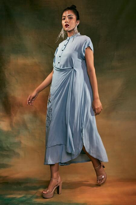 Shilpi Gupta Blue Organic Rayon Mandarin Collar Draped Dress Online at Aza Fashions Shilpi Gupta_Blue Organic Rayon Mandarin Collar Draped Dress _Online_at_Aza_Fashions