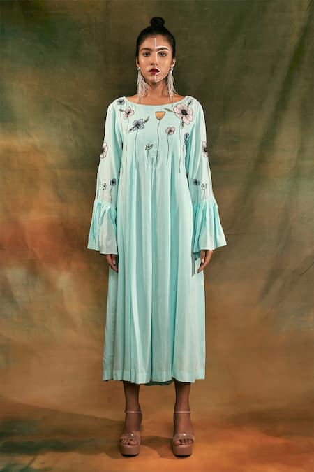 Shop Shilpi Gupta Blue Organic Rayon Embroidery Round Floral Dress at Aza Fashions Shop_Shilpi Gupta_Blue Organic Rayon Embroidery Round Floral Dress _at_Aza_Fashions