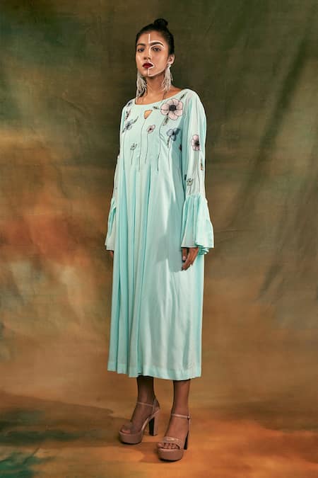 Shilpi Gupta Blue Organic Rayon Embroidery Round Floral Dress Online at Aza Fashions Shilpi Gupta_Blue Organic Rayon Embroidery Round Floral Dress _Online_at_Aza_Fashions