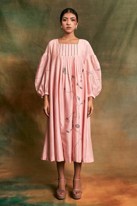 Shilpi Gupta Pink Silk Chanderi Embroidery Square Neck Dress 